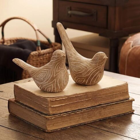 Lewtemi 2 Set Large Bird Figurines Home Decor 4.5'' 6.1'' Resin Birds Statue Modern Wood Look Bird Figurines Animal Decor Sculptures for Living Room, Home, Office, Women in Kuwait