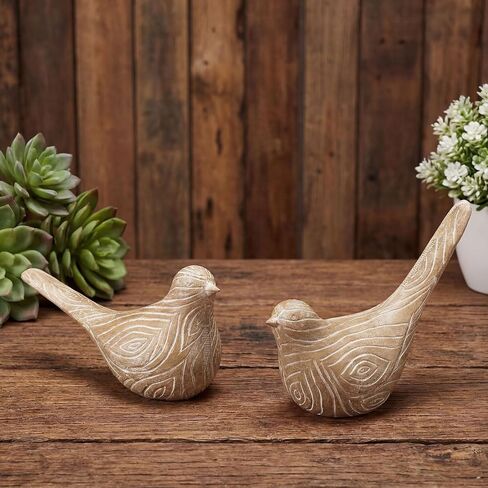 Lewtemi 2 Set Large Bird Figurines Home Decor 4.5'' 6.1'' Resin Birds Statue Modern Wood Look Bird Figurines Animal Decor Sculptures for Living Room, Home, Office, Women in Kuwait