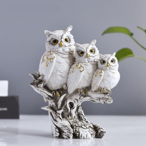 White Owl Family Statue, Resin Owl Figurines with Gold Accents, Handcrafted Owl Decor for Home, Owl Gifts for Owl Lovers, Animal Sculpture for Shelf Mantel Office Decor (B) in Kuwait
