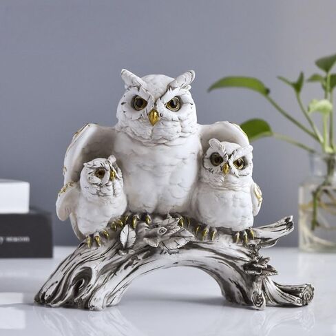 White Owl Family Statue, Resin Owl Figurines with Gold Accents, Handcrafted Owl Decor for Home, Owl Gifts for Owl Lovers, Animal Sculpture for Shelf Mantel Office Decor (B) in Kuwait