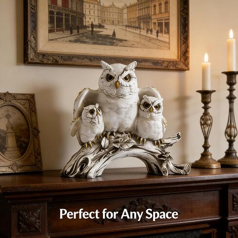 White Owl Family Statue, Resin Owl Figurines with Gold Accents, Handcrafted Owl Decor for Home, Owl Gifts for Owl Lovers, Animal Sculpture for Shelf Mantel Office Decor (B) in Kuwait