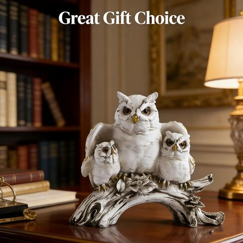 White Owl Family Statue, Resin Owl Figurines with Gold Accents, Handcrafted Owl Decor for Home, Owl Gifts for Owl Lovers, Animal Sculpture for Shelf Mantel Office Decor (B) in Kuwait