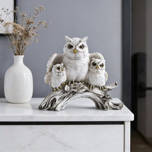 White Owl Family Statue, Resin Owl Figurines with Gold Accents, Handcrafted Owl Decor for Home, Owl Gifts for Owl Lovers, Animal Sculpture for Shelf Mantel Office Decor (B) in Kuwait