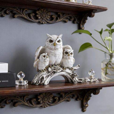 White Owl Family Statue, Resin Owl Figurines with Gold Accents, Handcrafted Owl Decor for Home, Owl Gifts for Owl Lovers, Animal Sculpture for Shelf Mantel Office Decor (B) in Kuwait