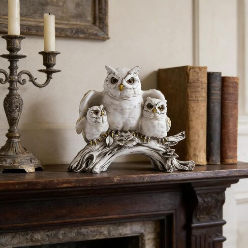 White Owl Family Statue, Resin Owl Figurines with Gold Accents, Handcrafted Owl Decor for Home, Owl Gifts for Owl Lovers, Animal Sculpture for Shelf Mantel Office Decor (B) in Kuwait