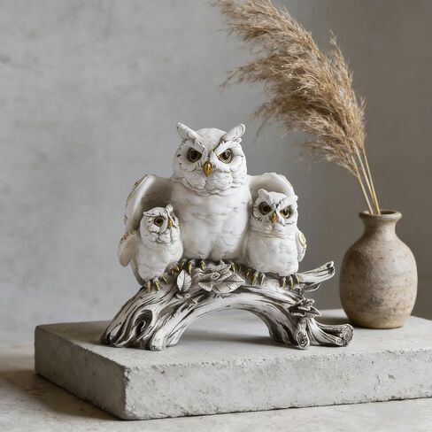 White Owl Family Statue, Resin Owl Figurines with Gold Accents, Handcrafted Owl Decor for Home, Owl Gifts for Owl Lovers, Animal Sculpture for Shelf Mantel Office Decor (B) in Kuwait