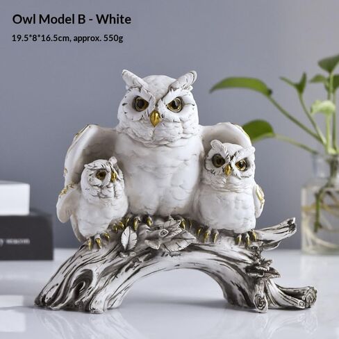 White Owl Family Statue, Resin Owl Figurines with Gold Accents, Handcrafted Owl Decor for Home, Owl Gifts for Owl Lovers, Animal Sculpture for Shelf Mantel Office Decor (B) in Kuwait