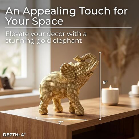 Decorative Resin Elephant Figurine for Home and Bathroom Decor - Ornament Statue for Office Desk, Living Room, or Shelf Styling - Elegant Accent for Entryway and Coffee Table - 7", Gold & Metallic in Kuwait