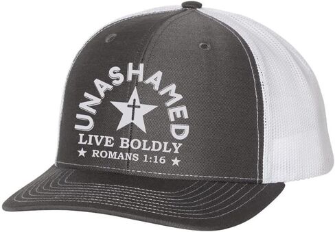 Christian Unashamed Live Boldly Romans 1:16 Mens Embroidered Mesh Back Trucker Hat in Kuwait