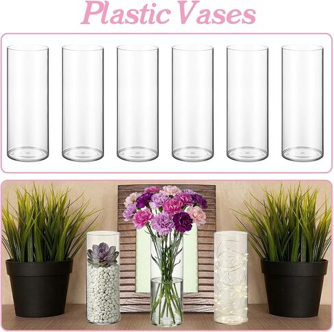 6 Pcs 12 Inch Plastic Cylinder Vase Set - Crystal Clear Acrylic Flower Vase for Wedding Centerpieces, Home Decor, Party Table Arrangements with Shatter-Resistant Design in Kuwait