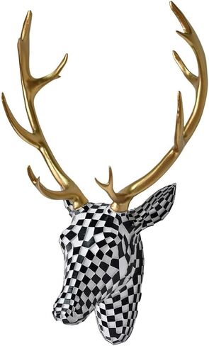 XYZWOMN Deer Head Wall Decor, 15.7 Inch Faux Resin Animal Head Wall Mount with Gold Antlers, Modern Mosaic 3D Wall Art Sculpture for Living Room Bedroom Home Decoration, Black and White in Saudi Arabia