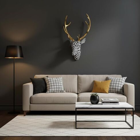 XYZWOMN Deer Head Wall Decor, 15.7 Inch Faux Resin Animal Head Wall Mount with Gold Antlers, Modern Mosaic 3D Wall Art Sculpture for Living Room Bedroom Home Decoration, Black and White in Saudi Arabia