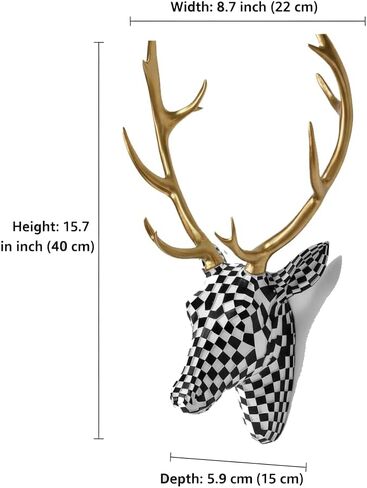 XYZWOMN Deer Head Wall Decor, 15.7 Inch Faux Resin Animal Head Wall Mount with Gold Antlers, Modern Mosaic 3D Wall Art Sculpture for Living Room Bedroom Home Decoration, Black and White in Saudi Arabia