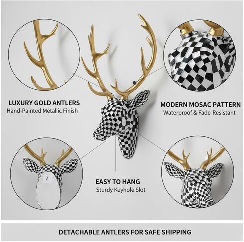XYZWOMN Deer Head Wall Decor, 15.7 Inch Faux Resin Animal Head Wall Mount with Gold Antlers, Modern Mosaic 3D Wall Art Sculpture for Living Room Bedroom Home Decoration, Black and White in Saudi Arabia