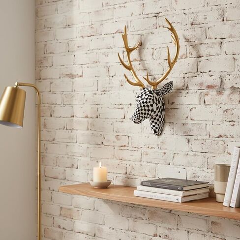 XYZWOMN Deer Head Wall Decor, 15.7 Inch Faux Resin Animal Head Wall Mount with Gold Antlers, Modern Mosaic 3D Wall Art Sculpture for Living Room Bedroom Home Decoration, Black and White in Saudi Arabia