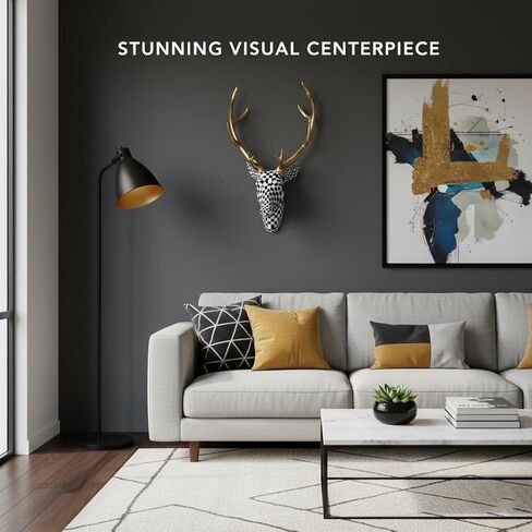 XYZWOMN Deer Head Wall Decor, 15.7 Inch Faux Resin Animal Head Wall Mount with Gold Antlers, Modern Mosaic 3D Wall Art Sculpture for Living Room Bedroom Home Decoration, Black and White in Saudi Arabia