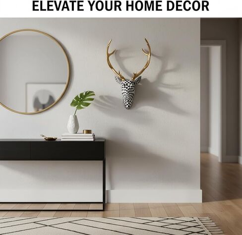 XYZWOMN Deer Head Wall Decor, 15.7 Inch Faux Resin Animal Head Wall Mount with Gold Antlers, Modern Mosaic 3D Wall Art Sculpture for Living Room Bedroom Home Decoration, Black and White in Saudi Arabia