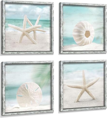 Beach Framed Wooden Wall Art: Ocean Artwork Set of 4 Starfish Seashell & Sand Dollar Pictures Prints Seascape Wall Decor for Bedroom in Saudi Arabia