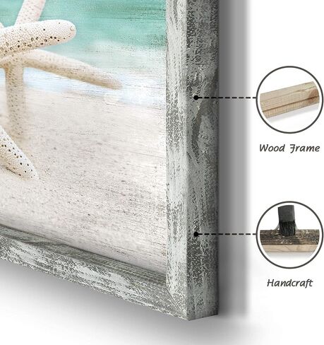 Beach Framed Wooden Wall Art: Ocean Artwork Set of 4 Starfish Seashell & Sand Dollar Pictures Prints Seascape Wall Decor for Bedroom in Saudi Arabia