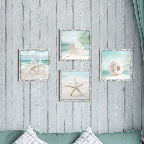 Beach Framed Wooden Wall Art: Ocean Artwork Set of 4 Starfish Seashell & Sand Dollar Pictures Prints Seascape Wall Decor for Bedroom in Saudi Arabia