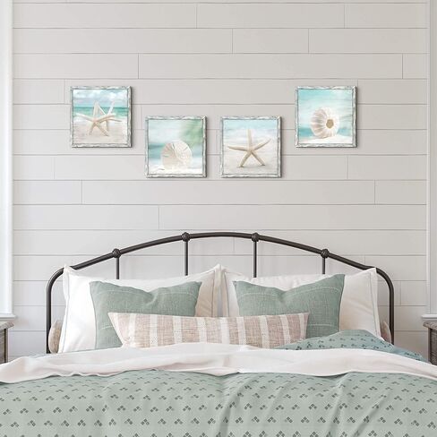 Beach Framed Wooden Wall Art: Ocean Artwork Set of 4 Starfish Seashell & Sand Dollar Pictures Prints Seascape Wall Decor for Bedroom in Saudi Arabia