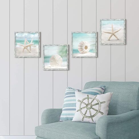 Beach Framed Wooden Wall Art: Ocean Artwork Set of 4 Starfish Seashell & Sand Dollar Pictures Prints Seascape Wall Decor for Bedroom in Saudi Arabia