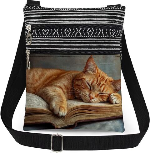Orange Cat Book Print Crossbody Bag Birthday Holiday Present for Women & Adult Teens Sister Christmas Gift for Men Travel Adjustable Shoulder Strap Messenger Bag in Saudi Arabia
