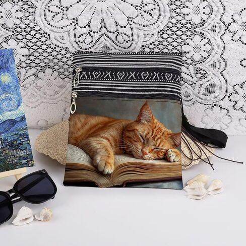 Orange Cat Book Print Crossbody Bag Birthday Holiday Present for Women & Adult Teens Sister Christmas Gift for Men Travel Adjustable Shoulder Strap Messenger Bag in Saudi Arabia