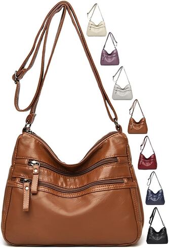 Crossbody Bags for Women - Soft Leather Multi-pocket Purses Shoulder Handbags with Adjustable Shoulder Strap in Kuwait