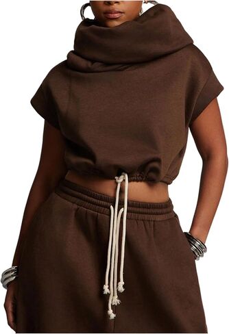 Verdusa Women's High Neck Cropped Sweatshirt Summer Pullover Hoodie Cap Sleeve Tops Streetwear in Kuwait