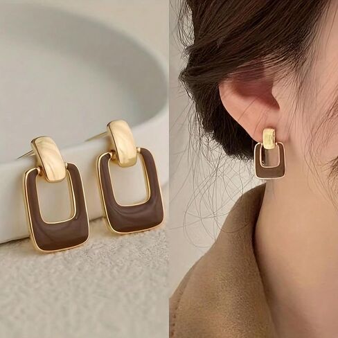 Brown Square Geometric Stud Earrings for Women - Dark Brown & Gold Earrings, Stylish Brown Dangle Earrings for Party, Daily Commute & Vacation in Saudi Arabia