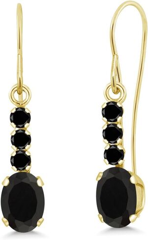 Gem Stone King 10K Yellow Gold Black Onyx and Black Diamond Drop Dangle Earrings For Women | 0.98 Cttw | Gemstone December Birthstone | Oval 6X4MM in Saudi Arabia