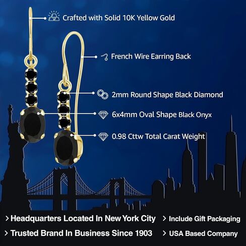 Gem Stone King 10K Yellow Gold Black Onyx and Black Diamond Drop Dangle Earrings For Women | 0.98 Cttw | Gemstone December Birthstone | Oval 6X4MM in Saudi Arabia