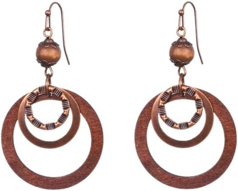 Boho Wooden Earrings For Women, Dangle Drop Earrings, Lightweight Geometric Brown Earring, Copper And Wood Circle, Western Bohemian Jewelry in Saudi Arabia