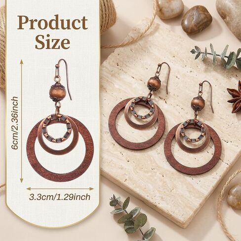 Boho Wooden Earrings For Women, Dangle Drop Earrings, Lightweight Geometric Brown Earring, Copper And Wood Circle, Western Bohemian Jewelry in Saudi Arabia
