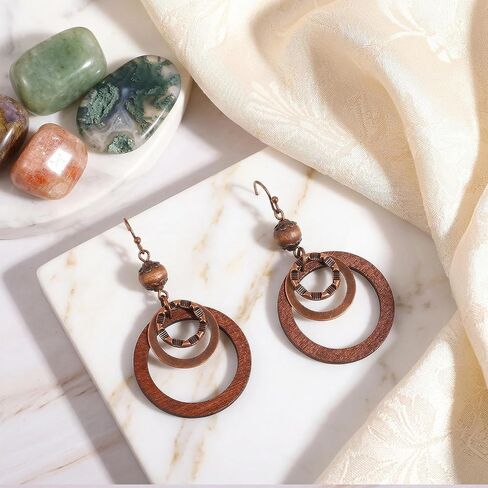 Boho Wooden Earrings For Women, Dangle Drop Earrings, Lightweight Geometric Brown Earring, Copper And Wood Circle, Western Bohemian Jewelry in Saudi Arabia