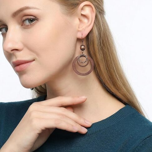 Boho Wooden Earrings For Women, Dangle Drop Earrings, Lightweight Geometric Brown Earring, Copper And Wood Circle, Western Bohemian Jewelry in Saudi Arabia