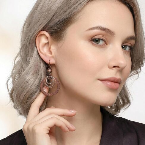 Boho Wooden Earrings For Women, Dangle Drop Earrings, Lightweight Geometric Brown Earring, Copper And Wood Circle, Western Bohemian Jewelry in Saudi Arabia