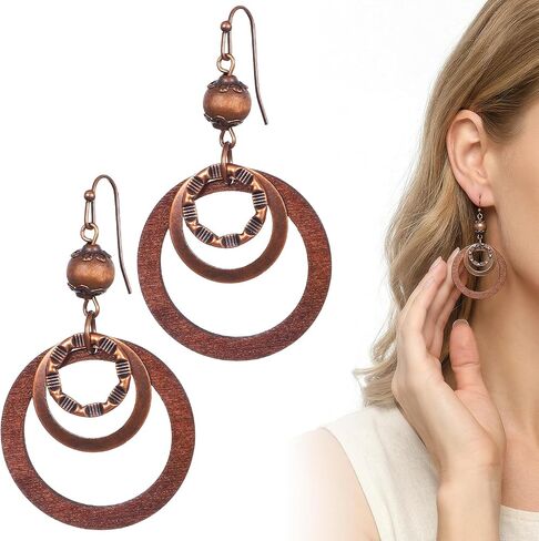 Boho Wooden Earrings For Women, Dangle Drop Earrings, Lightweight Geometric Brown Earring, Copper And Wood Circle, Western Bohemian Jewelry in Saudi Arabia