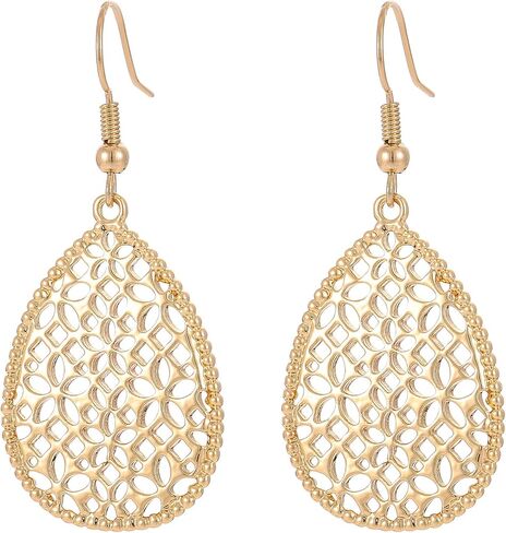 Elegant Gold Plated Teardrop Dangle Earrings for Women - Hypoallergenic Hollowed-out Water Drop Pendant Earrings with Beaded Edge in Saudi Arabia