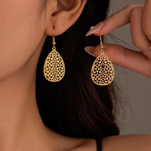 Elegant Gold Plated Teardrop Dangle Earrings for Women - Hypoallergenic Hollowed-out Water Drop Pendant Earrings with Beaded Edge in Saudi Arabia