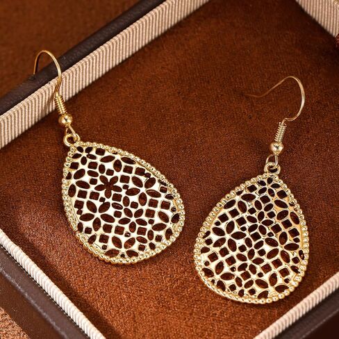 Elegant Gold Plated Teardrop Dangle Earrings for Women - Hypoallergenic Hollowed-out Water Drop Pendant Earrings with Beaded Edge in Saudi Arabia