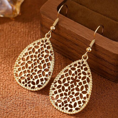 Elegant Gold Plated Teardrop Dangle Earrings for Women - Hypoallergenic Hollowed-out Water Drop Pendant Earrings with Beaded Edge in Saudi Arabia
