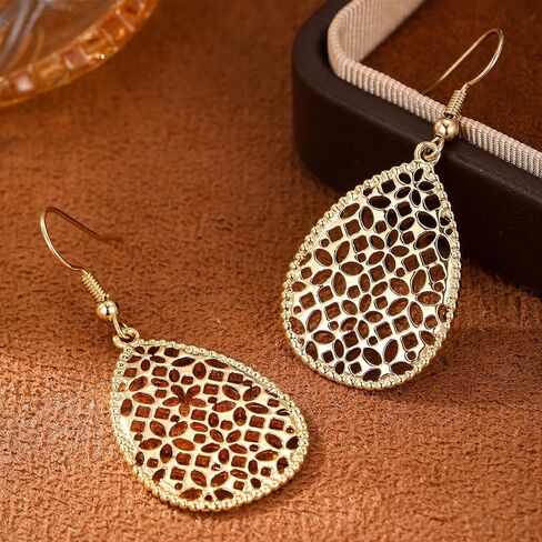 Elegant Gold Plated Teardrop Dangle Earrings for Women - Hypoallergenic Hollowed-out Water Drop Pendant Earrings with Beaded Edge in Saudi Arabia