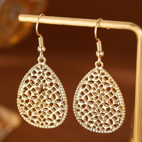 Elegant Gold Plated Teardrop Dangle Earrings for Women - Hypoallergenic Hollowed-out Water Drop Pendant Earrings with Beaded Edge in Saudi Arabia