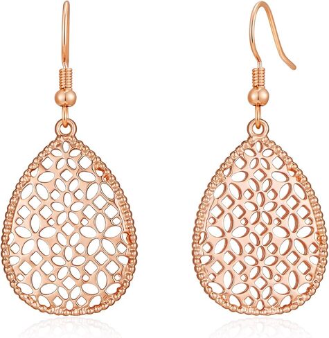 Elegant Gold Plated Teardrop Dangle Earrings for Women - Hypoallergenic Hollowed-out Water Drop Pendant Earrings with Beaded Edge in Saudi Arabia