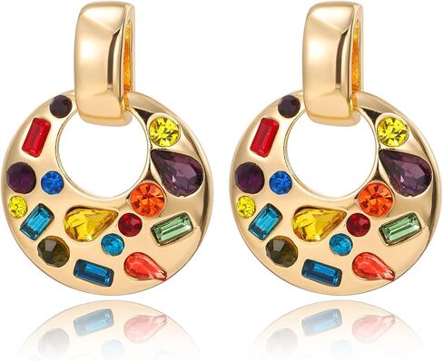 Statement Gold Drop Earrings,Chunky Dangle Door Knocker Earrings with Multicolor Crystal in Saudi Arabia