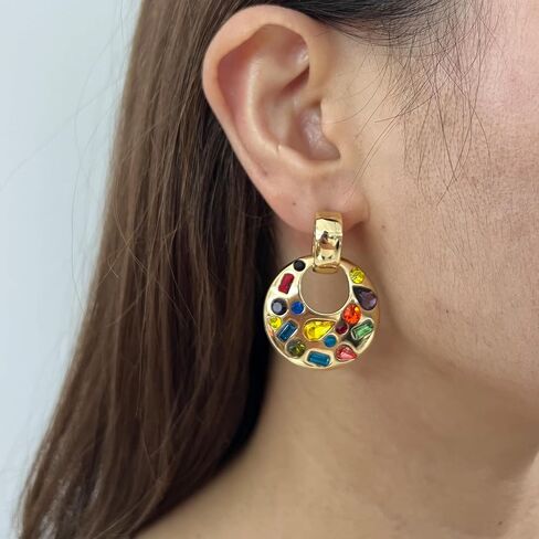 Statement Gold Drop Earrings,Chunky Dangle Door Knocker Earrings with Multicolor Crystal in Saudi Arabia