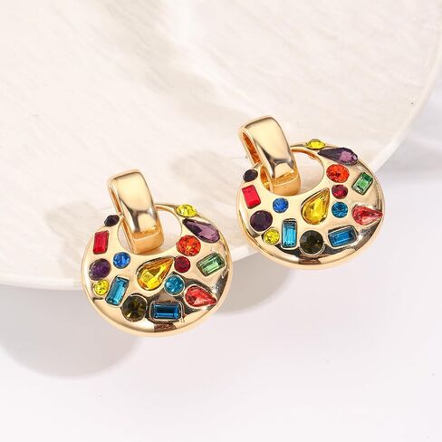 Statement Gold Drop Earrings,Chunky Dangle Door Knocker Earrings with Multicolor Crystal in Saudi Arabia