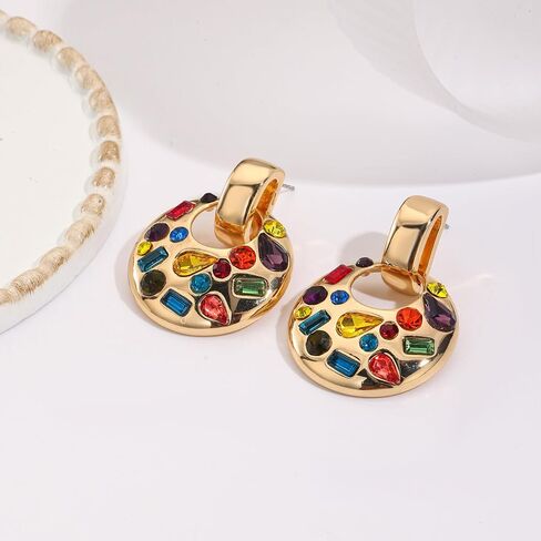 Statement Gold Drop Earrings,Chunky Dangle Door Knocker Earrings with Multicolor Crystal in Saudi Arabia